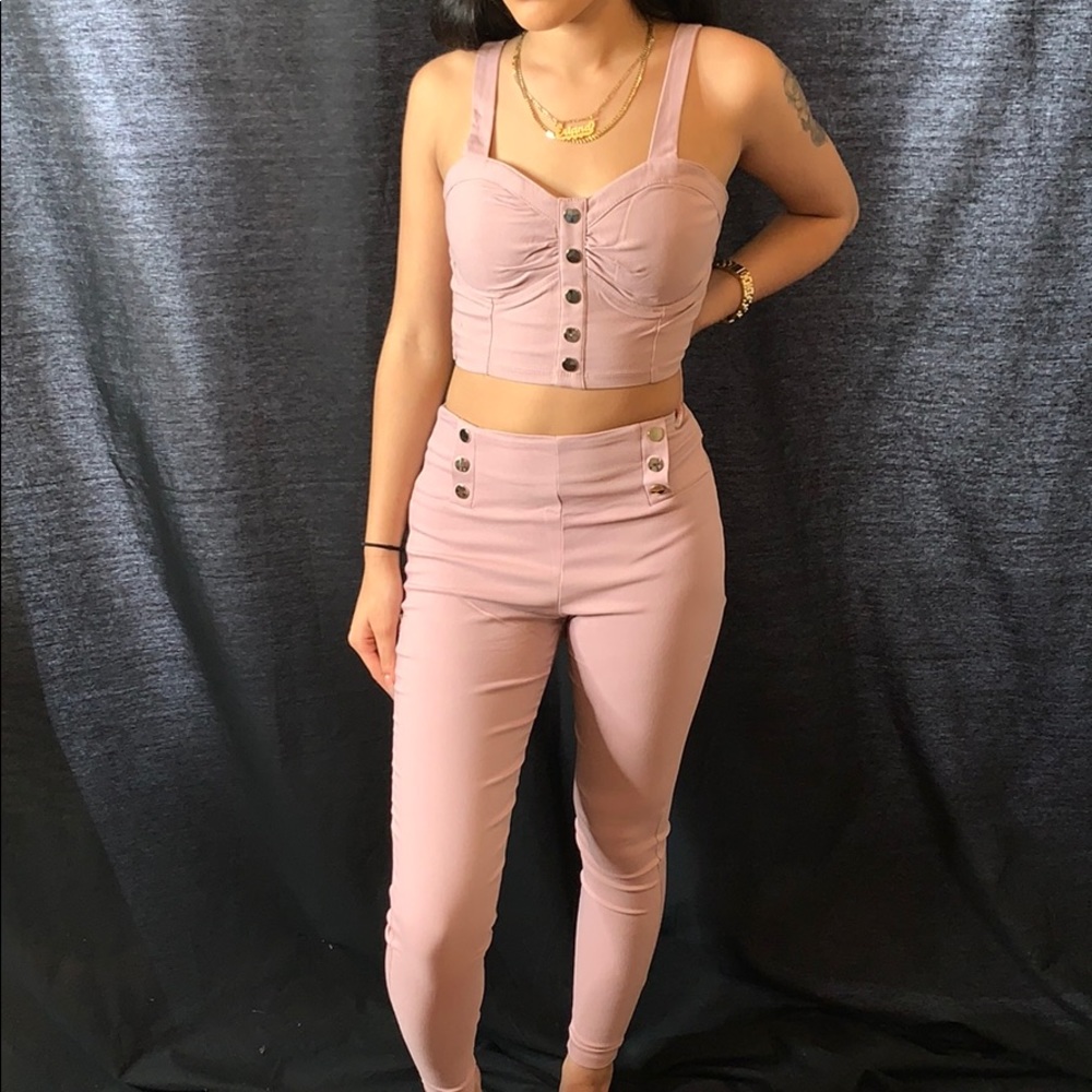2 piece High waisted pants and crop top - Blush